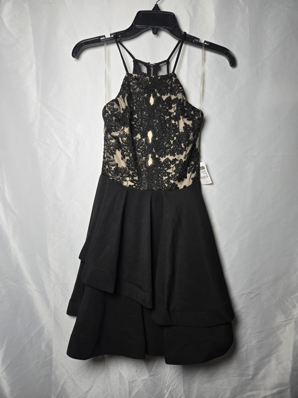 Charlotte Russe Black Lace and Nude Fit & Flare Halter Dress